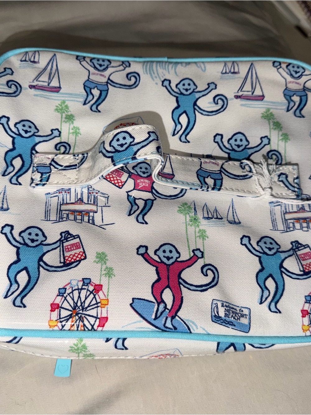 Roller Rabbit White Cosmetic Bag with Blue and Pink Monkey Print